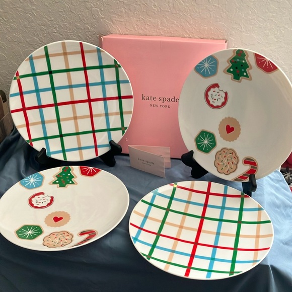 Kate Spade: Holiday Plaid & Christmas Cookie Design Plates- set of 4- 9” - Picture 1 of 16